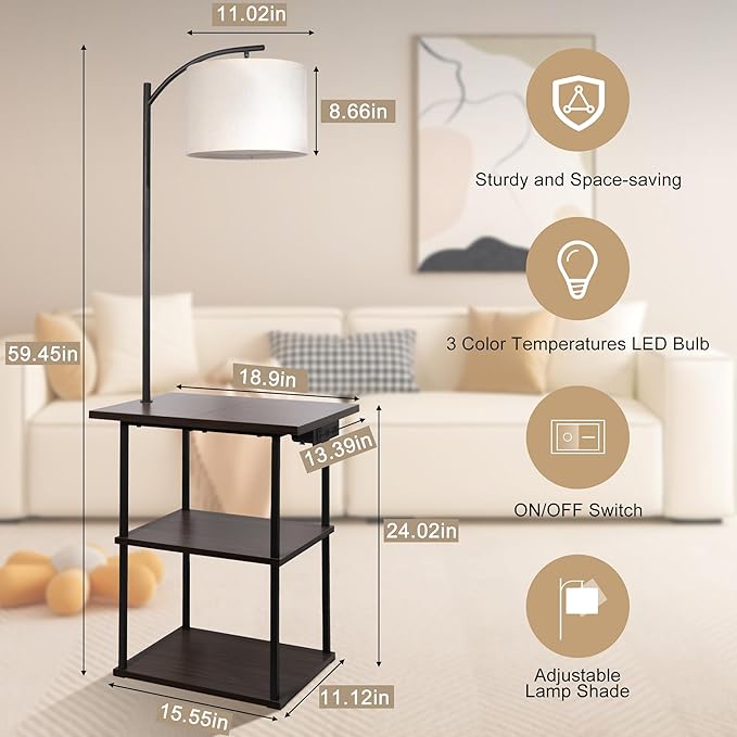 All-in-One Floor Lamp with Side Table & Charging Station 💡🔌 | 3-Way Charging, 3 Light Temperatures