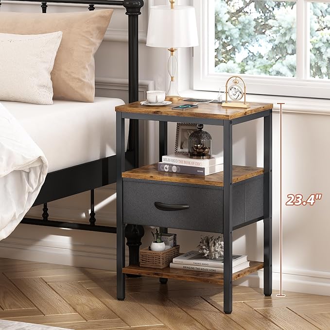 🔌 Charging Nightstand with Adjustable Fabric Drawer & 3 Shelves
