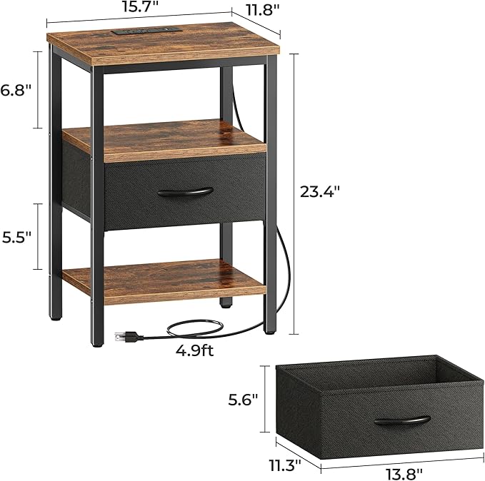 🔌 Charging Nightstand with Adjustable Fabric Drawer & 3 Shelves