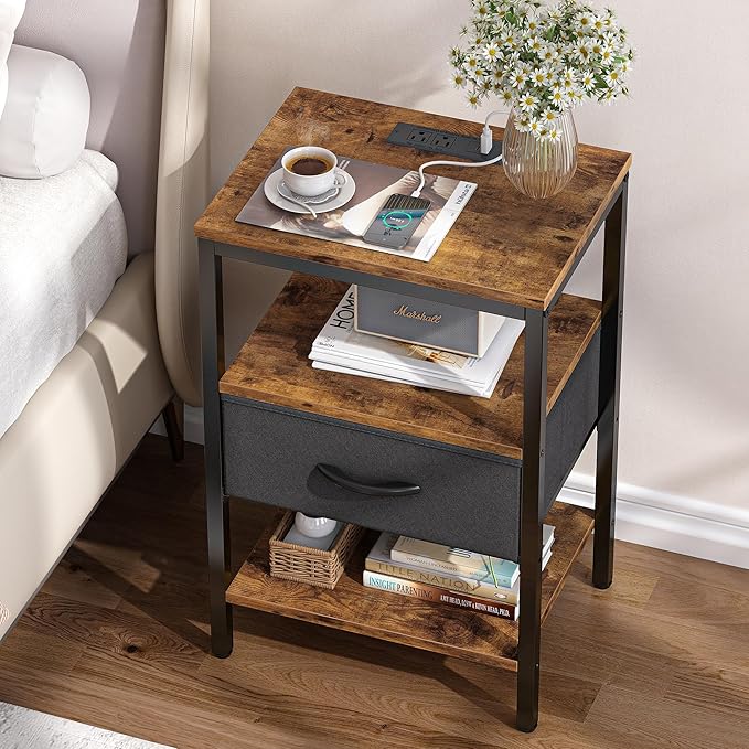 🔌 Charging Nightstand with Adjustable Fabric Drawer & 3 Shelves