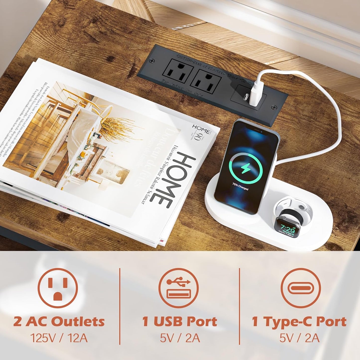 🔌 Charging Nightstand with Adjustable Fabric Drawer & 3 Shelves