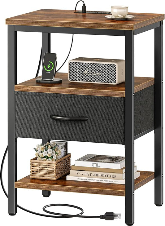 🔌 Charging Nightstand with Adjustable Fabric Drawer & 3 Shelves