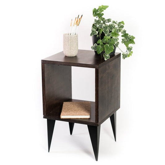 Rustic Nightstand with Storage, Wood Bedside Table with Shelf and Metal Legs, Modern Brown End Console, Bedroom Open Furniture