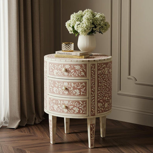 Handcrafted Bone Inlay Side Table: Floral Vine, Luxury Bedroom Furniture