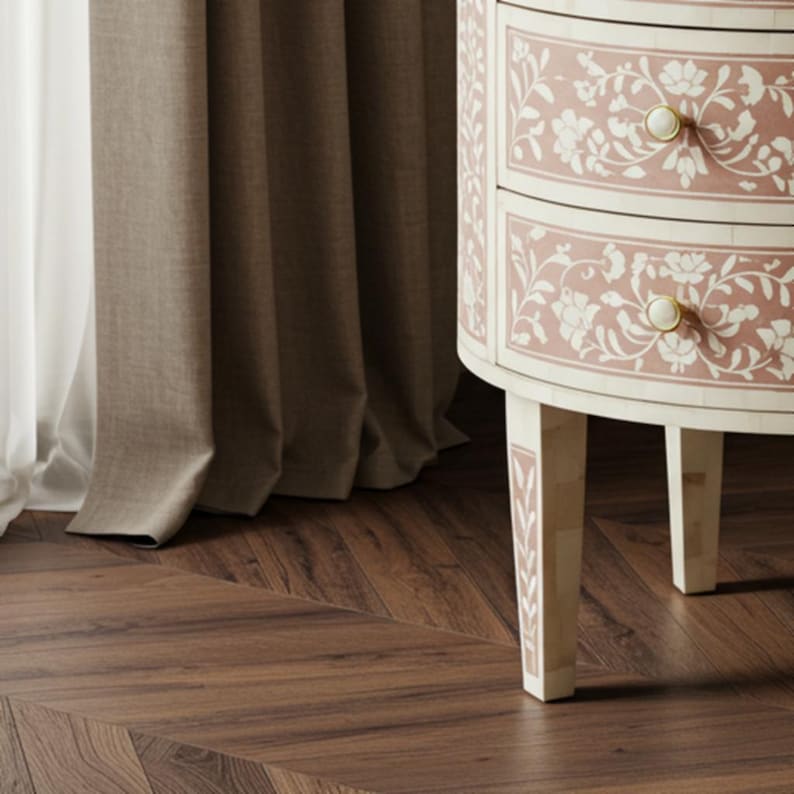 Handcrafted Bone Inlay Side Table: Floral Vine, Luxury Bedroom Furniture