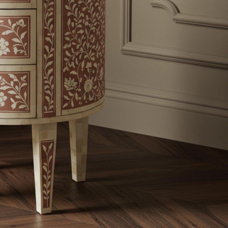Handcrafted Bone Inlay Side Table: Floral Vine, Luxury Bedroom Furniture