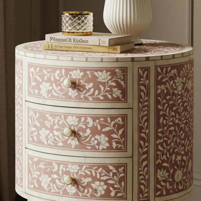 Handcrafted Bone Inlay Side Table: Floral Vine, Luxury Bedroom Furniture