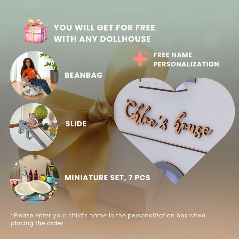 Personalized Montessori Dollhouse with Furniture - Custom Kids Wooden House - Unique Christmas Gift