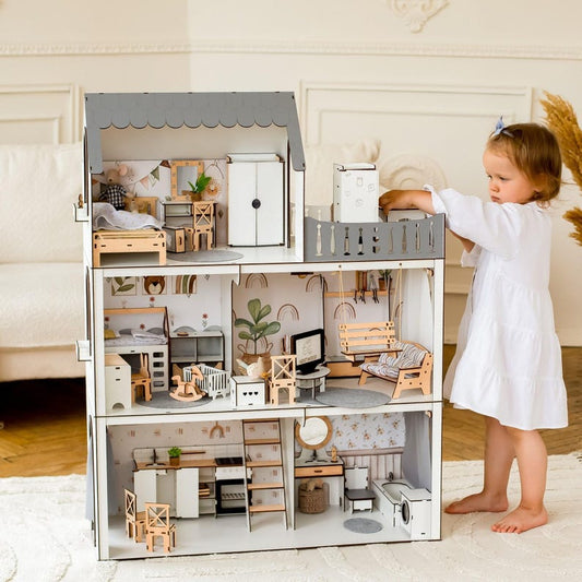 Personalized Montessori Dollhouse with Furniture - Custom Kids Wooden House - Unique Christmas Gift