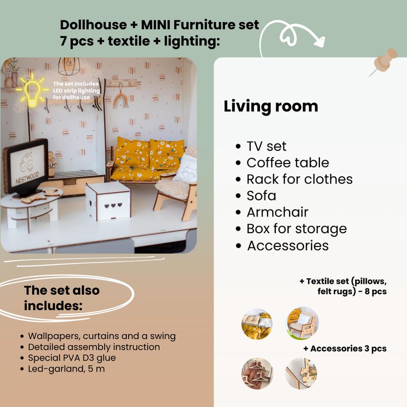 Personalized Montessori Dollhouse with Furniture - Custom Kids Wooden House - Unique Christmas Gift