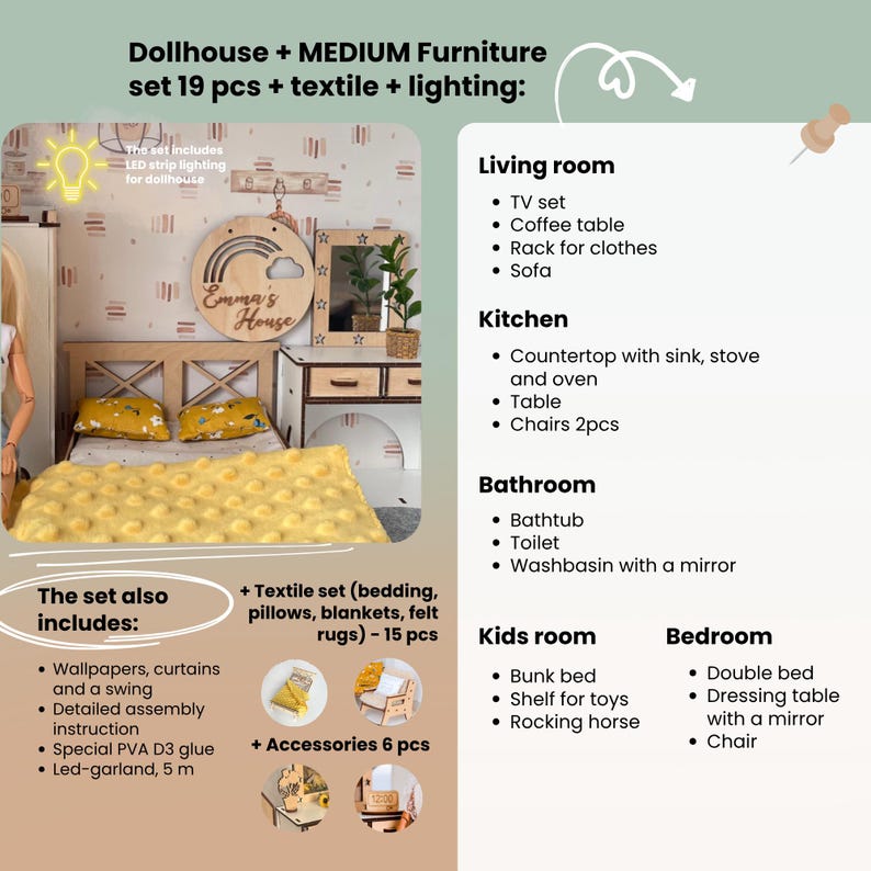 Personalized Montessori Dollhouse with Furniture - Custom Kids Wooden House - Unique Christmas Gift