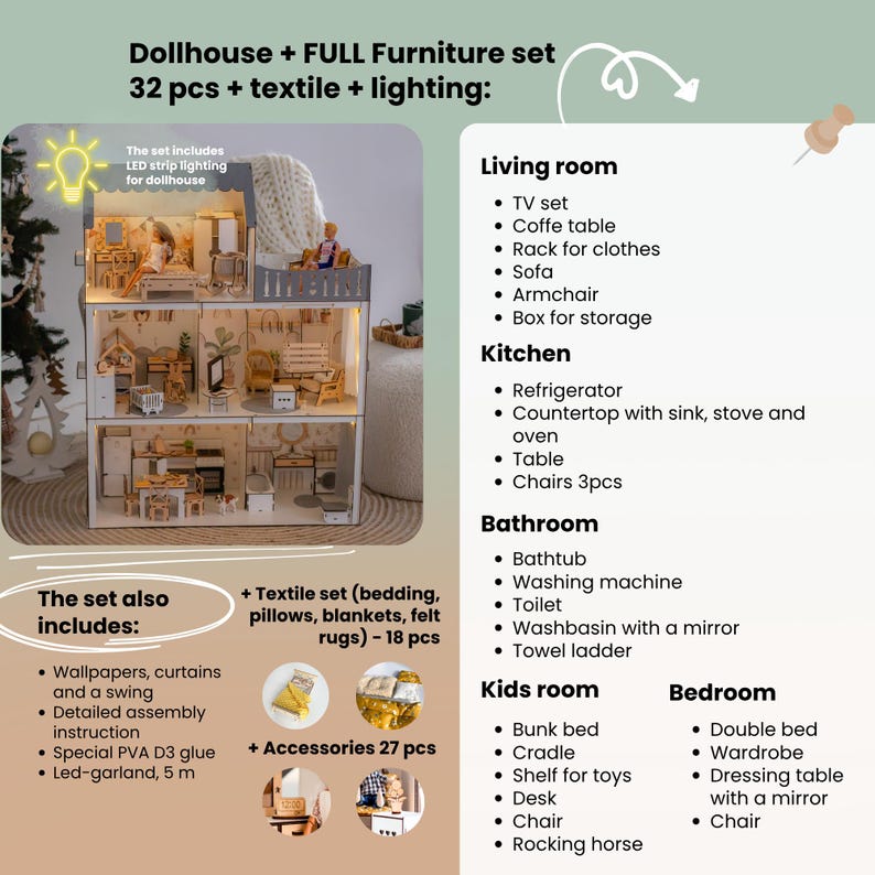 Personalized Montessori Dollhouse with Furniture - Custom Kids Wooden House - Unique Christmas Gift